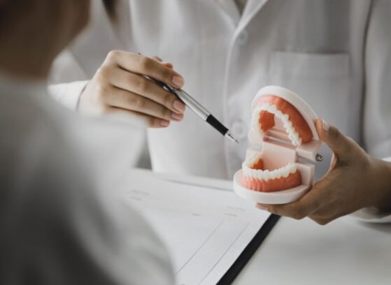 A denturist holding a set of model dentures pointing at them with the tip of a pen.